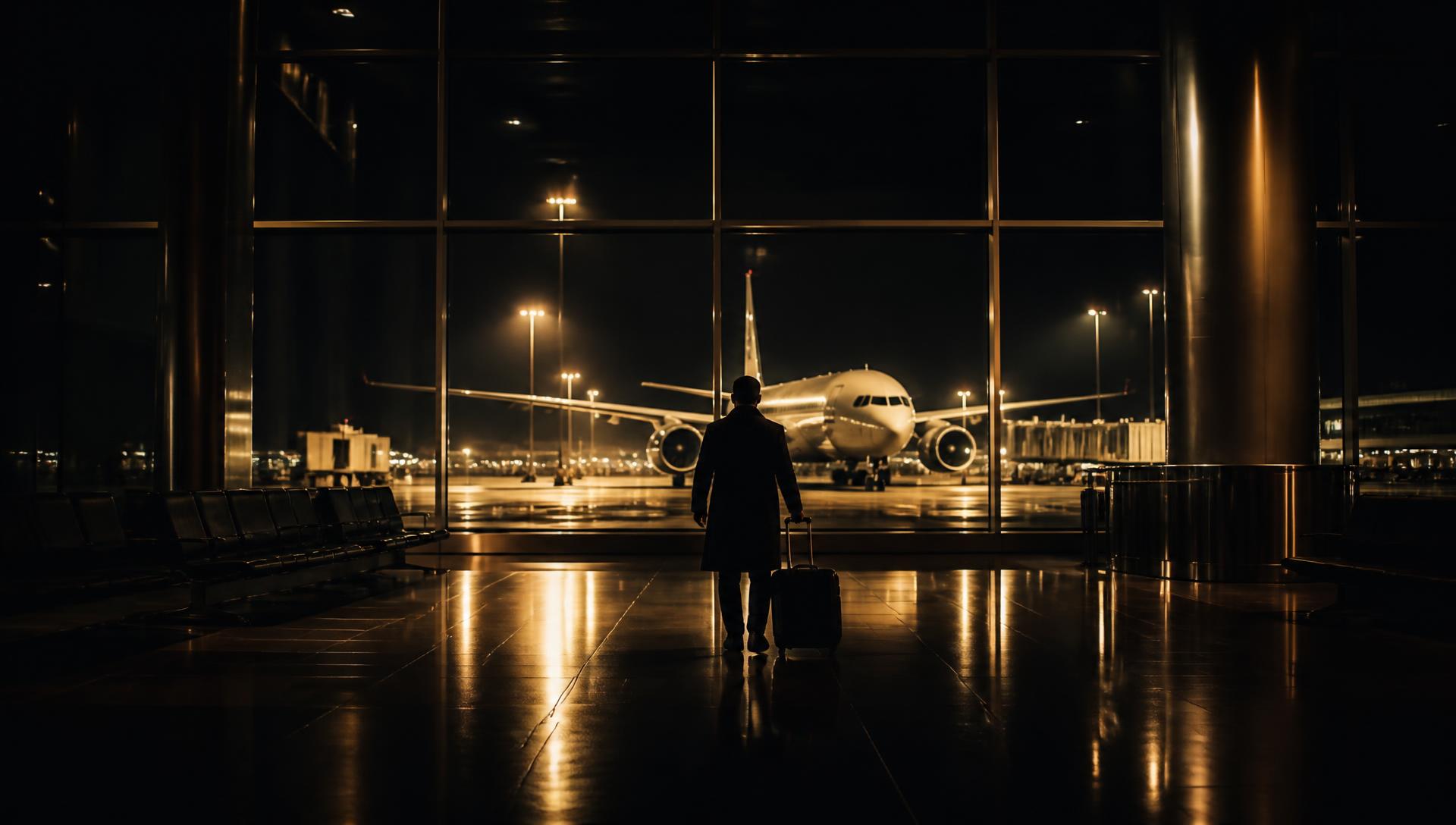 Traveller walking through a night airport terminal towards a waiting aircraft